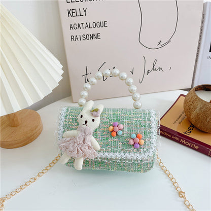 Children's Bags Fashion Chanel Style Chain Bag Princess Pearl Handbag Trendy Children Cute Doll Single Shoulder Small Square Bag