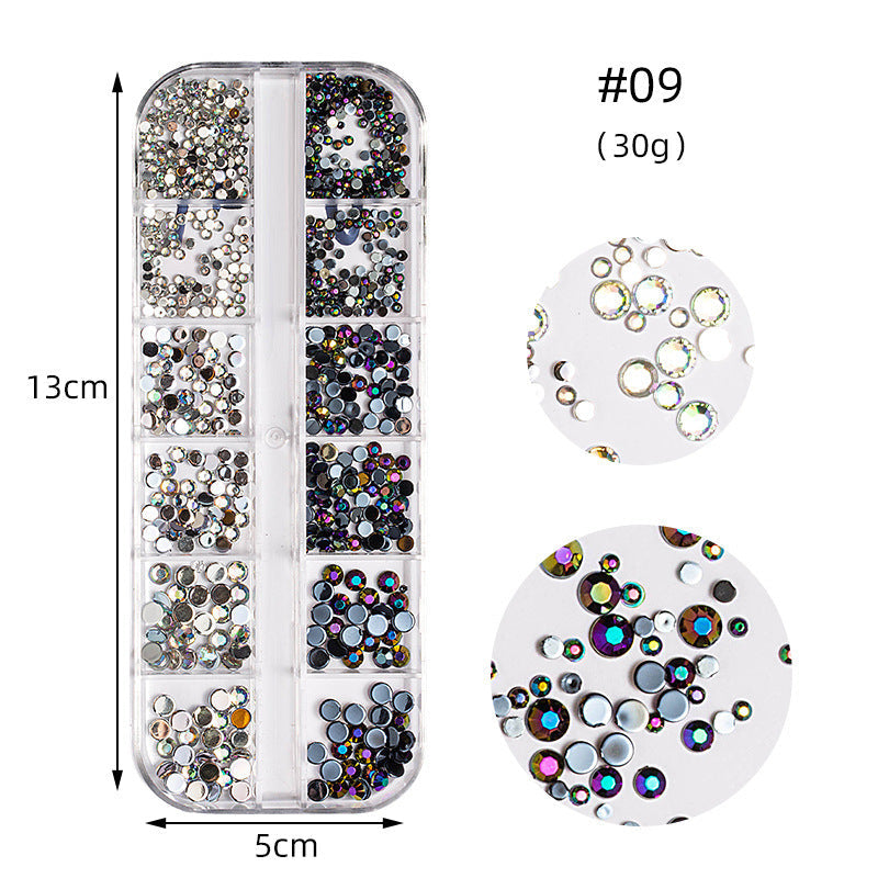 Zhifei nail art high silver flat bottom diamond 12 styles nail art fantasy color AB water diamond decoration shiny diamond long box