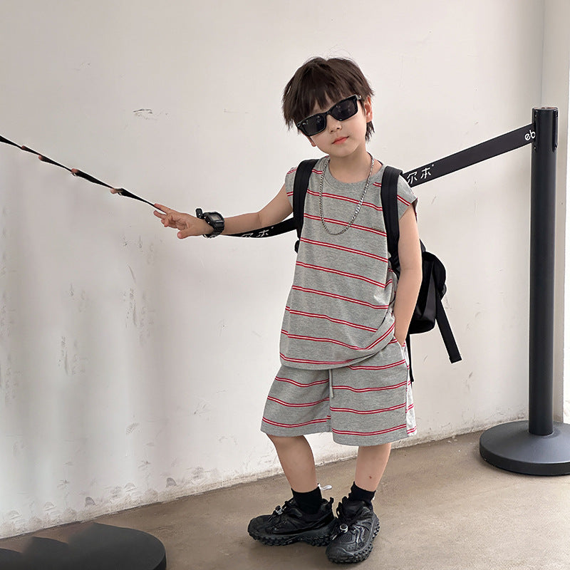 Amo Baby Boys Clothing 2024 Summer Handsome Striped Loose Vest Suit Baby Sports Two-piece Suit Trendy