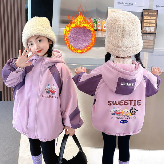 Children's winter clothes plus velvet and thickened jacket for girls three-proof fabric for children and middle children polar fleece jacket cartoon egg boy