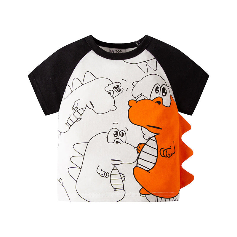 Korean version of the new children's short-sleeved cartoon color matching sleeves boy T-shirt horn sleeves pure cotton baby cartoon children's clothing batch