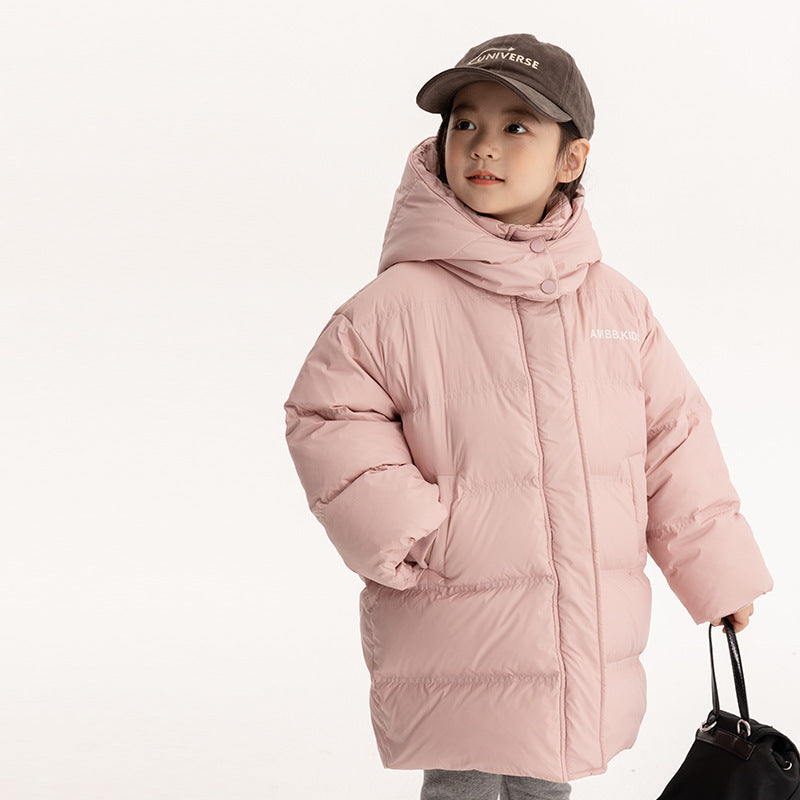 New national standard Aimo Beibei children's 90 white duck down thick puffer jacket for boys and girls warm letter hooded down jacket