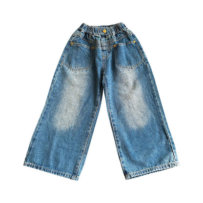 2024 Spring and Autumn Children's Jeans Korean Gradient Boys and Girls Straight Pocket Jeans Baby Fashion Pants