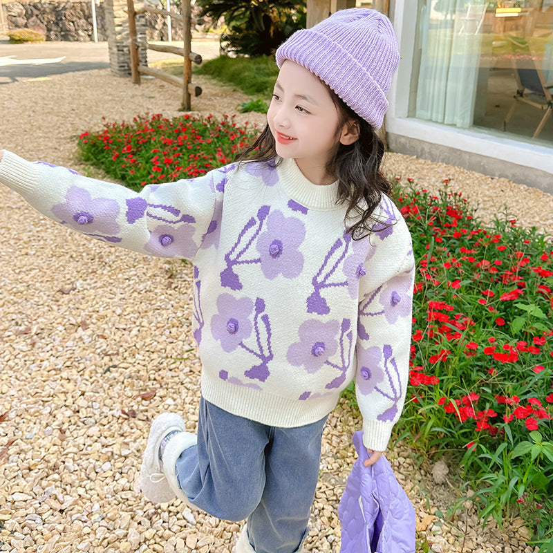 2024 Girls Winter Thickened Sweater Korean Style Flower Stretch Sweater Warm Bottoming Sweater Outerwear Sweater Middle Child