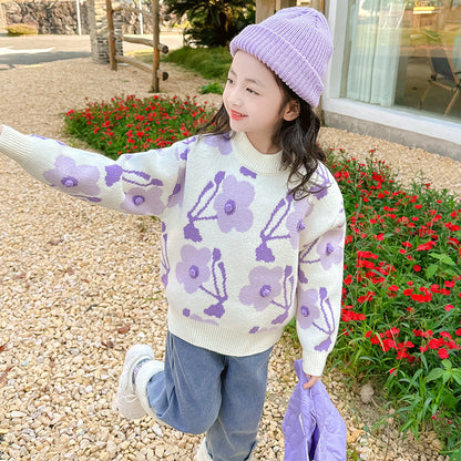 2024 Girls Winter Thickened Sweater Korean Style Flower Elastic Warm Sweater Base Sweater Outer Wear Sweater Middle Children