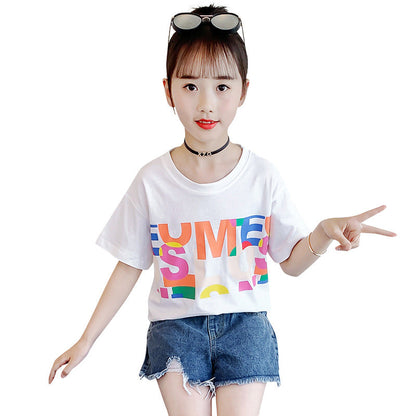 Girls summer short-sleeved T-shirt 2024 new style children's letter printed cotton top loose casual T-shirt