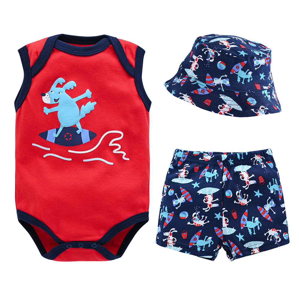 Children's clothing new 2024 summer children's sleeveless suit children's clothes romper shorts hat three-piece suit children's suit 