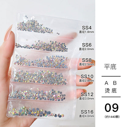 Nail jewelry wholesale 6-grid bagged rhinestones AB diamonds colored diamonds glass diamonds super flash flat bottom diamonds mixed colorful silver bottom