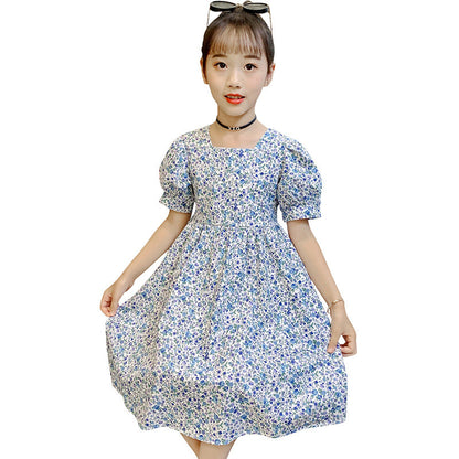 Summer children's pure cotton French palace puff sleeve dress short sleeve floral princess middle and large children slim trend