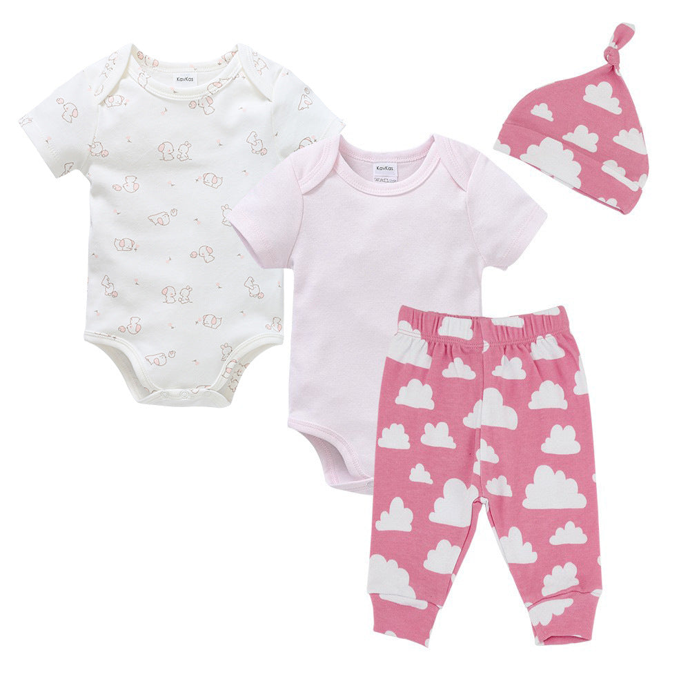 New style children's clothing 2024 summer baby short-sleeved suit children's clothes romper children's pants hat four-piece children's suit 