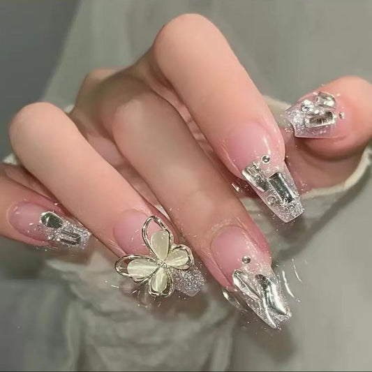 Handmade wearable nails wholesale short ballet nails pure desire ice transparent nude nail art finished nail stickers fake nails