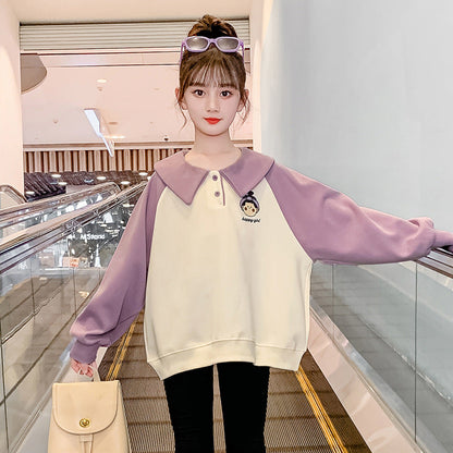 Girls spring and autumn coat new Korean style outer wear for middle and large children kindergarten girls loose elastic coat for college students