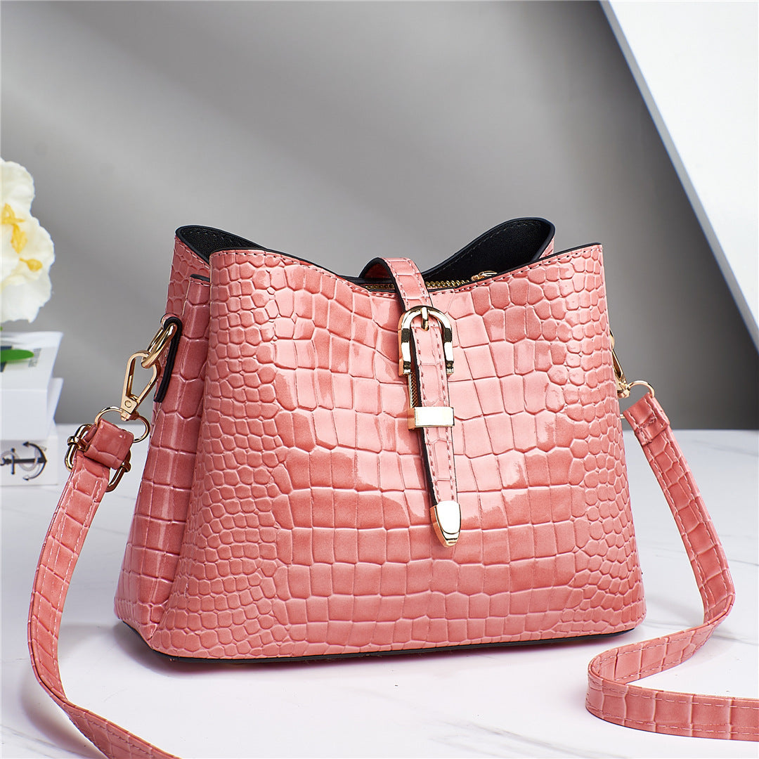 2024 New Style Bright Leather Stone Texture Simple and One-Shoulder Portable Cross-Border Large Capacity Bucket Bag for Women