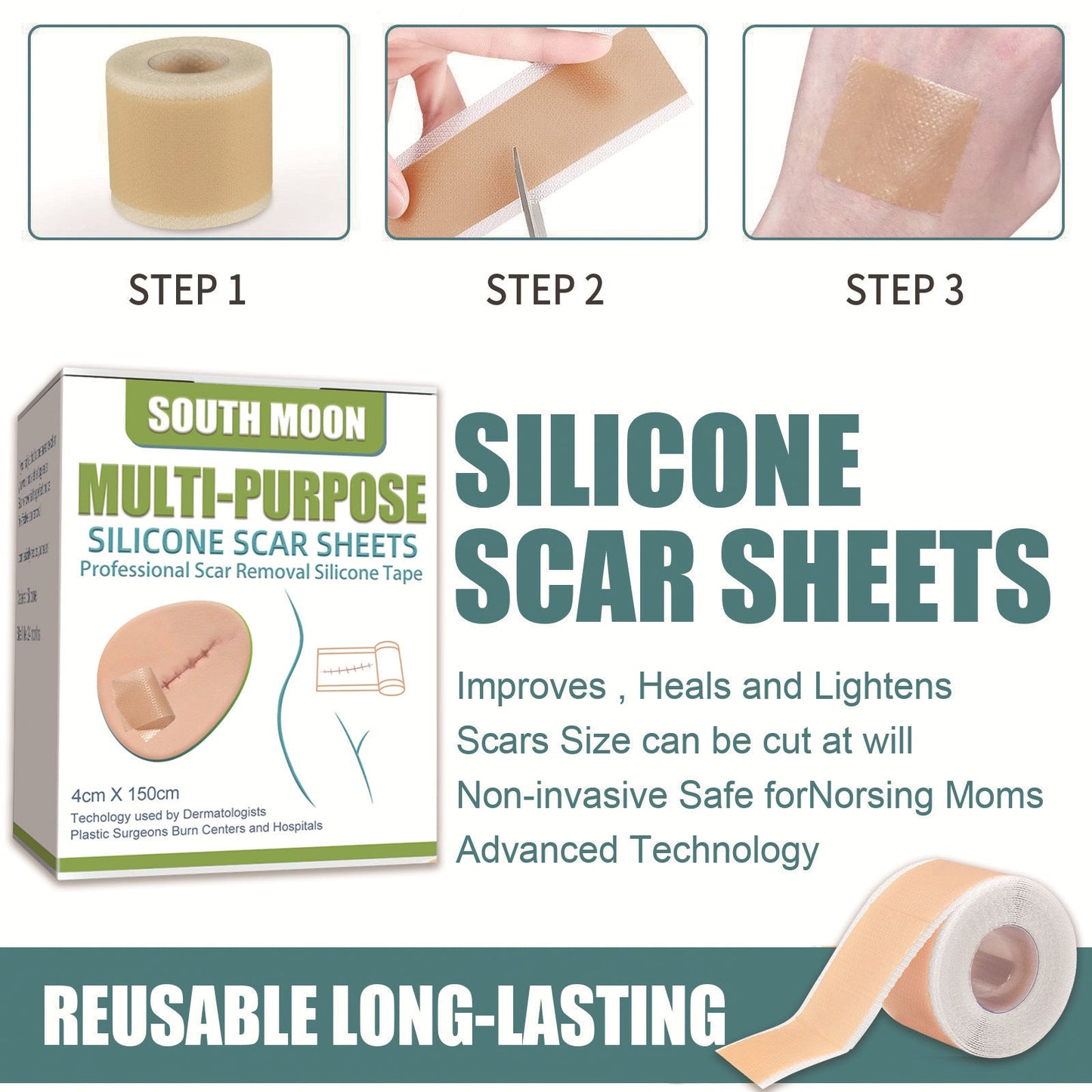 South Moon Silicone Gel Scar Patch បំបាត់ស្នាមសង្វារ ជួសជុលស្បែកពេលមានផ្ទៃពោះ ស្បែករលោង វះកាត់ស្លាកស្នាម 