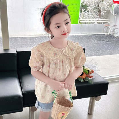 Girls Summer Short Sleeve Tops Cotton Shirt Button Cotton Floral Sweet Lace Korean Kindergarten Baby Shirt