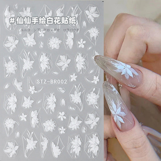 Nail stickers ins style hand-painted net red white magnolia elegant five-petal flower flower adhesive thin tough nail stickers