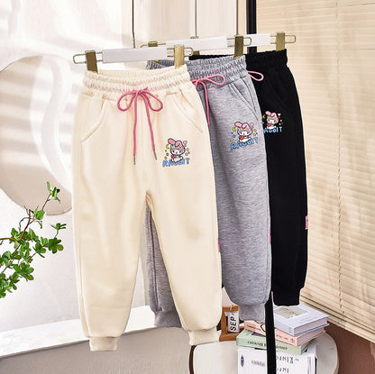 Girls winter velvet thickened pants elastic sports hypertrophy loose closing cartoon trousers one-piece velvet lamb wool