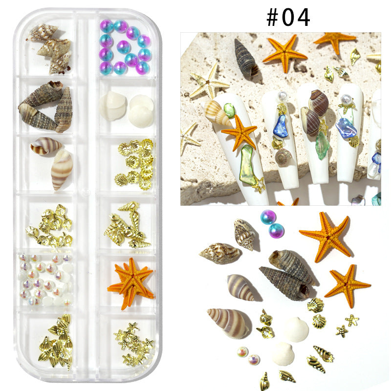 Cross-border hot selling ocean storm nail accessories natural starfish conch shell slices abalone slices 12 grid mixed