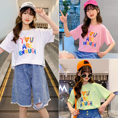 2024 Summer Girls Short-sleeved T-shirts for Middle and Large Children Loose Letter Casual Tops Trendy Children's Summer Clothes