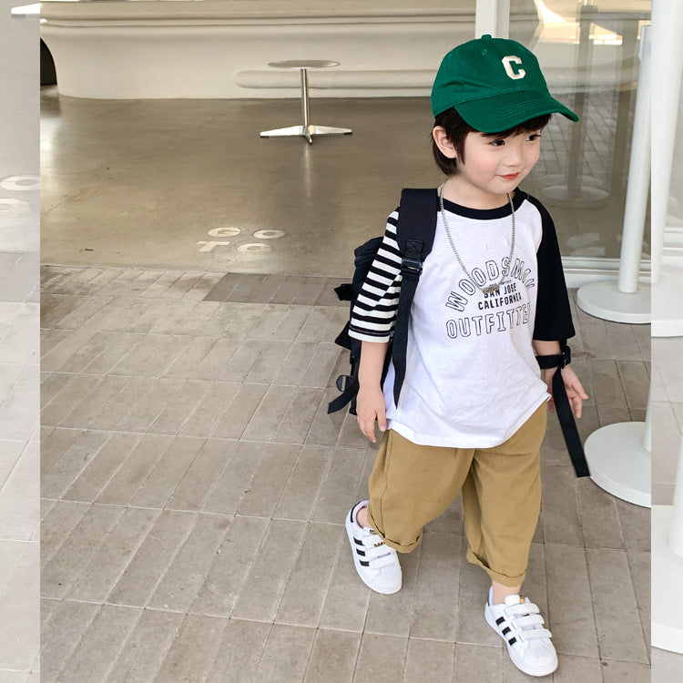 Amo Baby Children's Pants 2024 Summer Boys and Girls Light Cotton Casual Straight Pants Baby Solid Color Nine-Point Pants