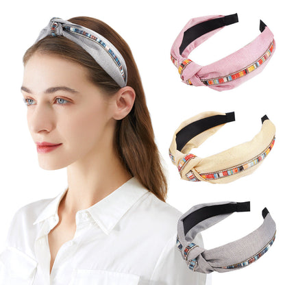 Cross-border French new headband for women European and American retro ethnic style knotted head buckle diamond-studded fabric headband hair cave for women