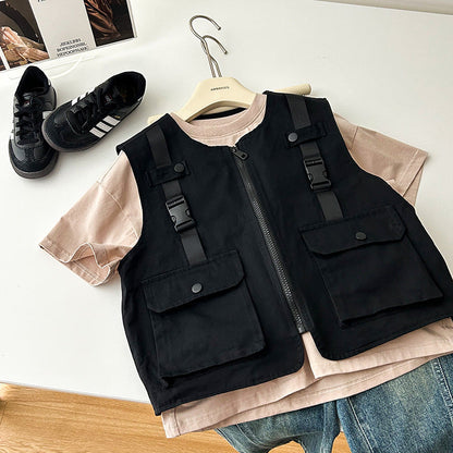 Amo Baby Children's Tops Boys 2024 Spring Clothes Big Pocket Work Vest Baby Handsome Pilot Jacket