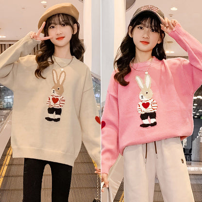 Girls' new winter sweater little rabbit cartoon pullover bottoming shirt outer wear elementary school students kindergarten knitted sweater