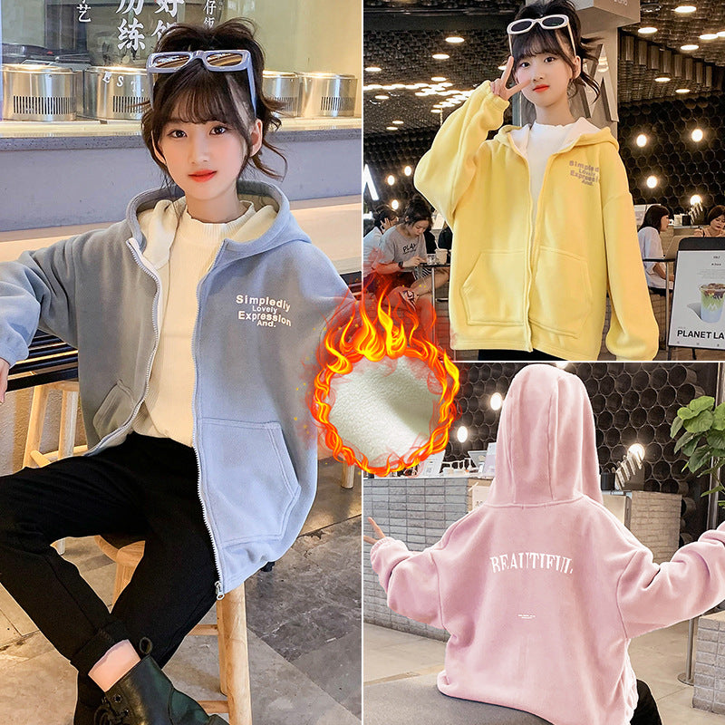 Girls winter clothes 2024 new double-sided fleece warm polar fleece thickened velvet cardigan jacket with hood sports style