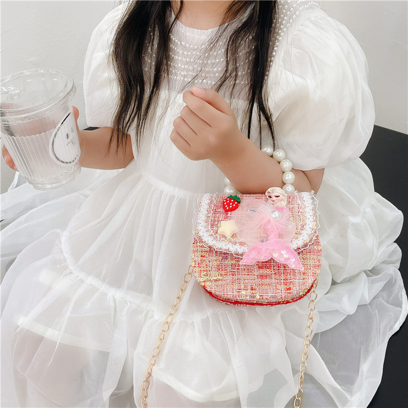 Children's Bags Girls Cute Little Princess Crossbody Bag Cartoon Little Girl Pearl Handbag Versatile Chain Shoulder Bag