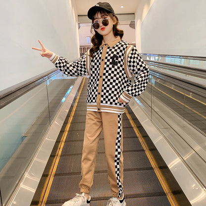 2024 new suits for middle and large children girls and boys checkerboard spring and autumn sports elastic loose baseball uniform two-piece suit