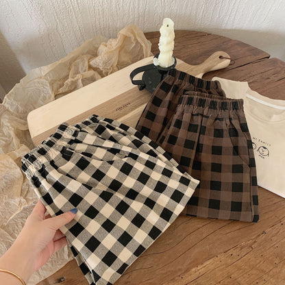 Children's trousers 2024 Bangcheng Spring Boys and Girls Korean Retro Plaid Casual Cotton Drawstring Pants Trendy F0352