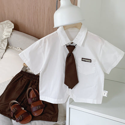 Children's suit Bangcheng 2024 summer small and medium-sized children's college style boy's shirt + casual shorts with tie F0214