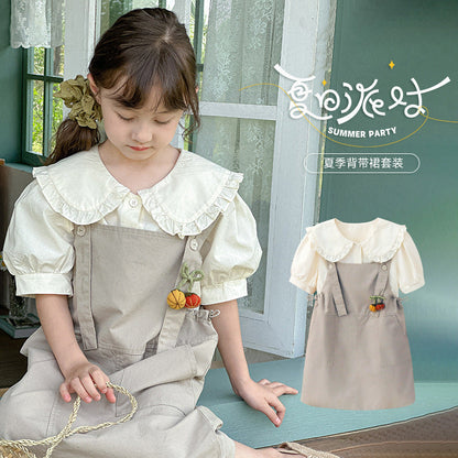 Girls summer cotton suit overalls skirt loose Korean style babydoll shirt short sleeve two-piece suit small children's big children's dress