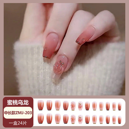 Wearable nail tips wholesale medium and long ice transparent oolong gradient peach nail art finished nail stickers false nails