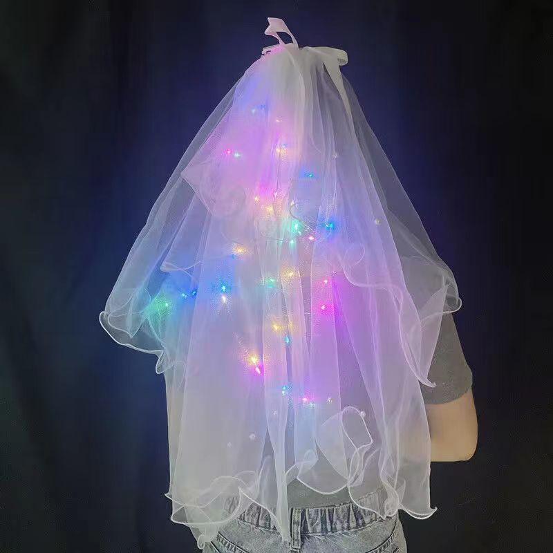 Colorful veil with light glowing double-layer tassel pearl crown flashing ribbon bow veil headdress night market