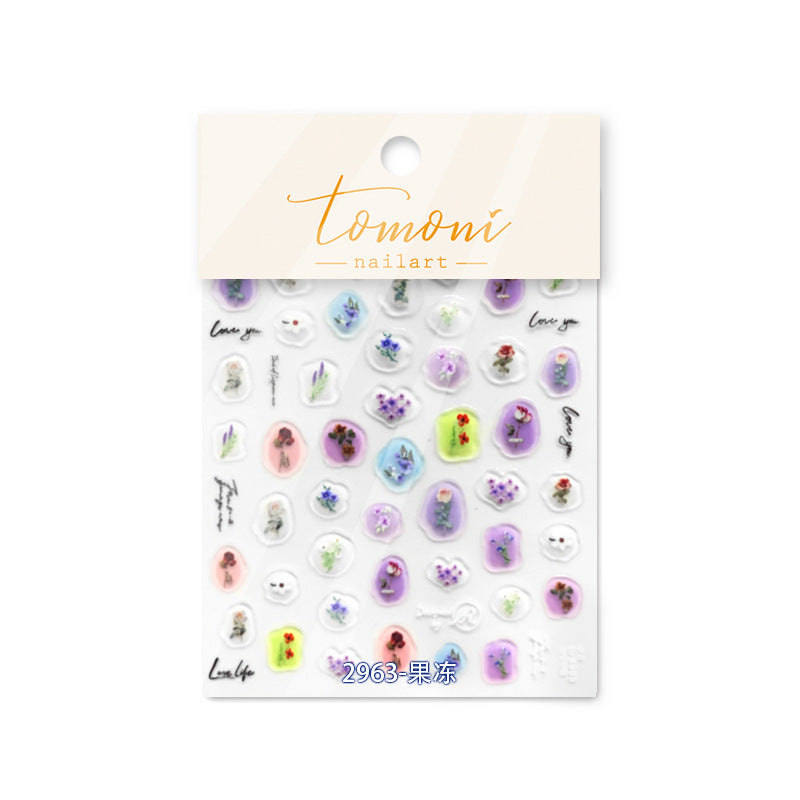 New relief nail stickers colorful funny beans 5D three-dimensional adhesive flower graffiti nail decorations 