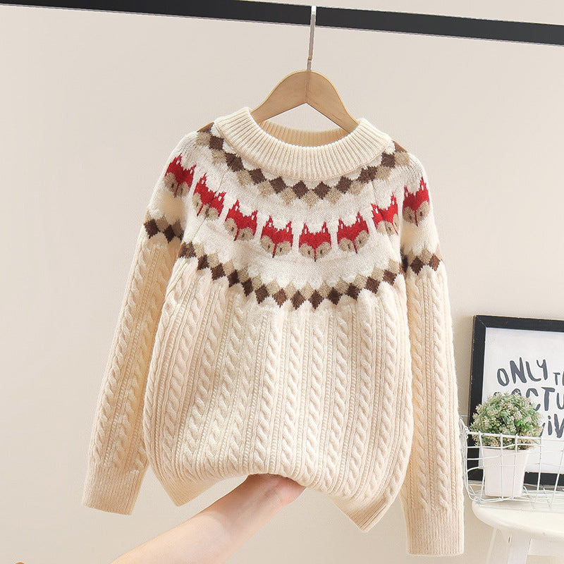 New Girls Cable Knit Sweater Retro Chunky Wool Sweater Cartoon Little Fox Head Elastic Thick Sweater