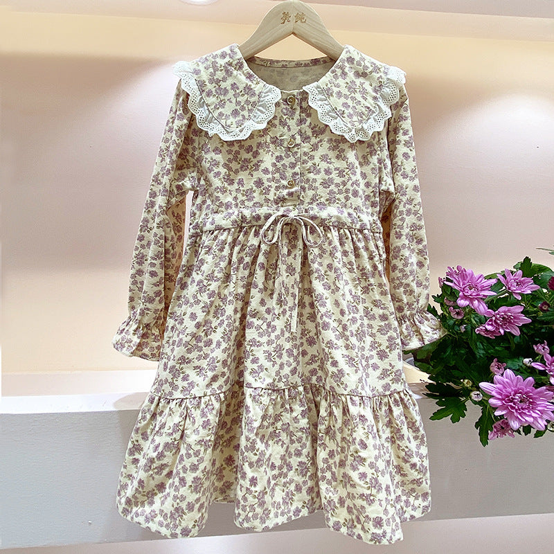 Girls winter spring and autumn 2024 new thickened dress floral brushed cotton doll collar waist princess dress trend