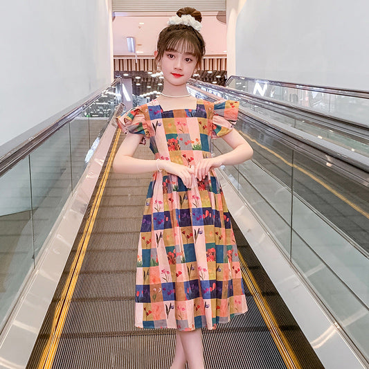 Summer girls pure cotton checkered floral dress full cotton flying sleeves lotus leaf sleeves middle and large children primary school students net celebrity fashionable