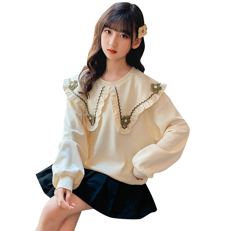 Girls' large lapel college style doll collar wooden ear edge large collar sweater 2024 spring new Korean style flower coat