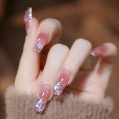 Hand-made wearable nail pieces wholesale medium and long Aurora Wenling Elf glass diamond nail art finished nail stickers jelly glue