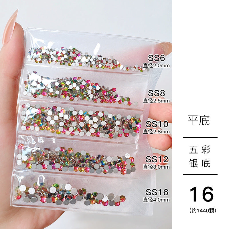 Nail jewelry wholesale 6-grid bagged rhinestones AB diamonds colored diamonds glass diamonds super flash flat bottom diamonds mixed colorful silver bottom