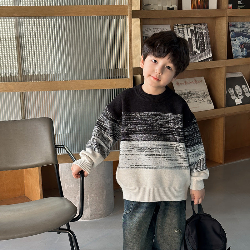 Amo Beibei children's 2023 winter thick warm cashmere sweater for boys and girls baby contrast color knitted sweater trend