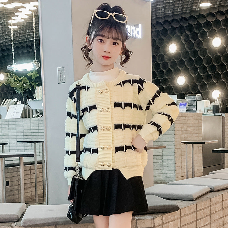 2024 new girls sweater double-breasted sweater coat hollow double-layer Korean version of foreign Internet celebrity middle and large children's knitted sweater