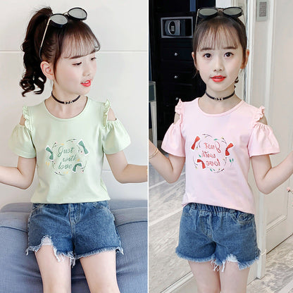 Children's summer short-sleeved T-shirt 2024 new cute printed off-shoulder T-shirt girl's ear-edge cotton top trend