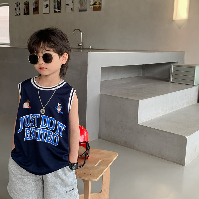 Elmo Beibei Children's 2024 Summer Letter Sports Breathable Top Boys Handsome Mesh Breathable Basketball Wear Vest