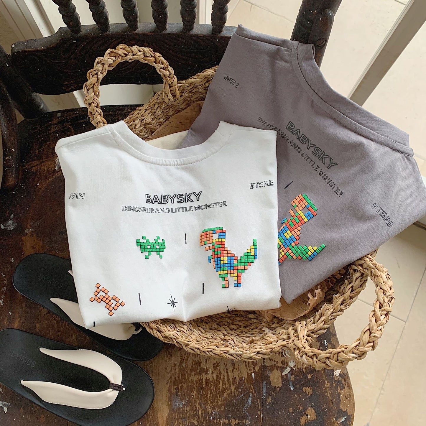 Children's T-shirt Bangcheng 2024 summer new rainbow dinosaur boy short T children's clothing cartoon print short sleeve G0125