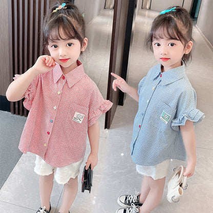 Girls summer shirt plaid fragrant style embroidery kindergarten primary school plaid lace wood ear edge cotton cloth net celebrity short sleeve