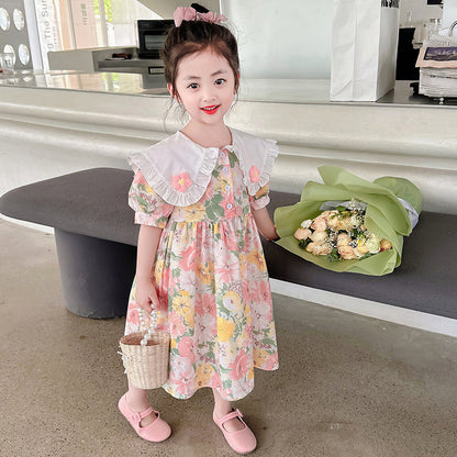 Girls summer cotton skirt pure cotton skirt small and medium children doll collar floral French forest series kindergarten oil painting style