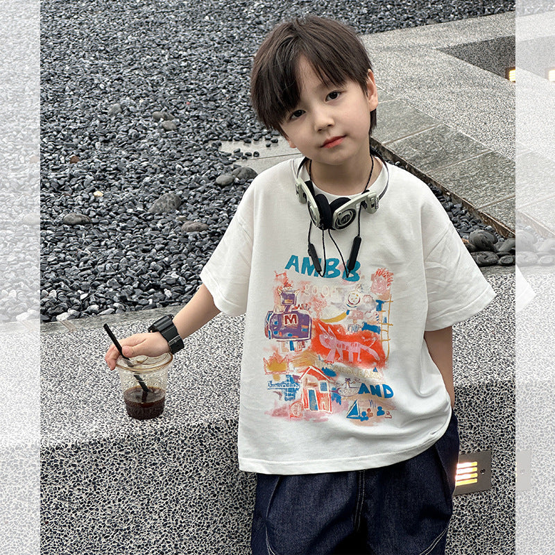 Amo Beibei children's 2024 summer cartoon graffiti short-sleeved T-shirt for boys and girls fashionable loose slit comfortable top